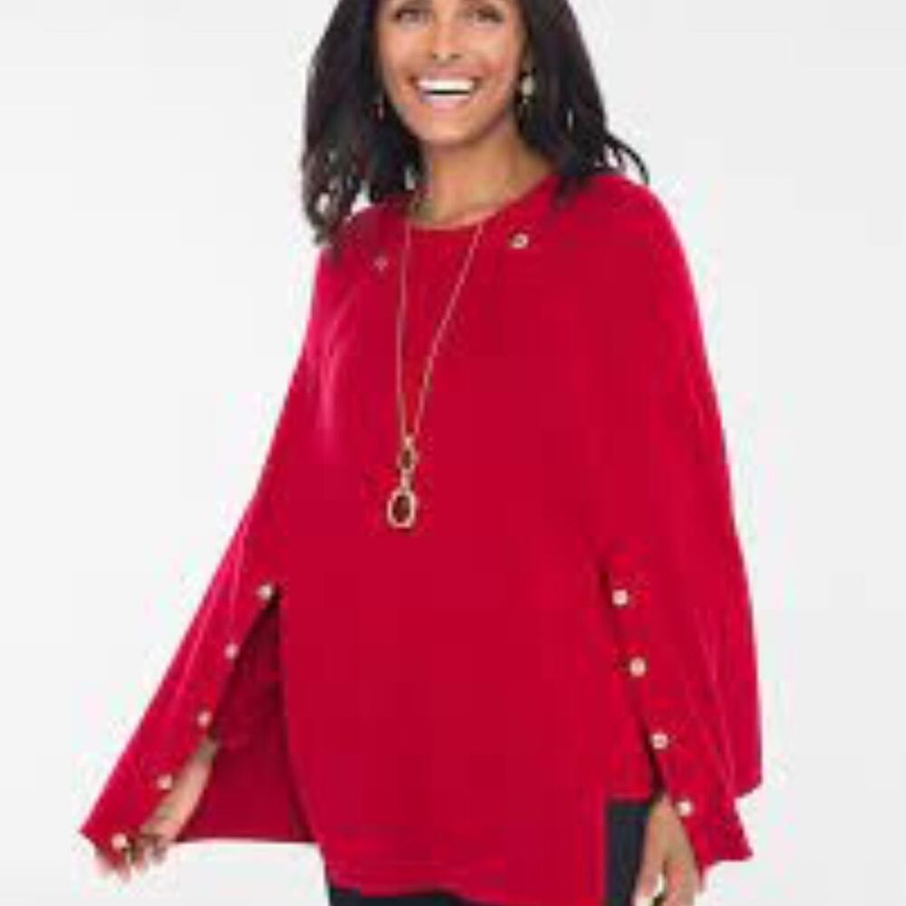 Chico's Red Button-Sleeve Poncho Sweater